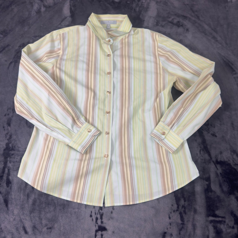 Talbots Button Down Shirt‎ Womens 10P Green Multi Striped Non-Iron Shaped Fit